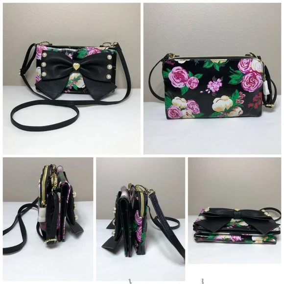 Betsey Johnson Faux Leather Romantic Floral Multi Pockets Crossbody Purse - Picture 15 of 16